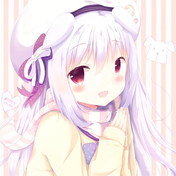 Anime picture 903x903 with original shiroi inu kittipat jituatakul single long hair looking at viewer blush fringe open mouth red eyes animal ears upper body white hair hands clasped dog ears striped background heart of string girl heart scarf