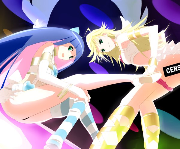 Anime picture 1240x1024 with panty & stocking with garterbelt anarchy stocking anarchy panty ace (hyper otintin time) long hair light erotic blonde hair multiple girls green eyes blue hair pink hair multicolored hair censored two-tone hair legs colored inner hair panty pull girl thighhighs underwear