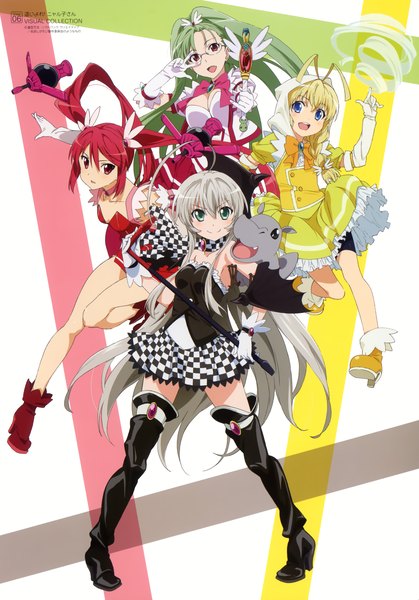 Anime picture 1951x2792 with haiyore! nyaruko-san nyaruko cthugha (nyaruko-san) hastur shantak (nyaruko-san) luhy jistone long hair tall image looking at viewer blush highres open mouth blue eyes blonde hair smile red eyes twintails bare shoulders multiple girls green eyes
