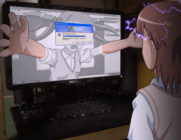 Anime picture 1288x1000 with to aru kagaku no railgun to aru majutsu no index j.c. staff windows (operating system) misaka mikoto shirai kuroko kasumi uzuki (artist) short hair brown hair electricity biribiri girl monitor computer computer keyboard