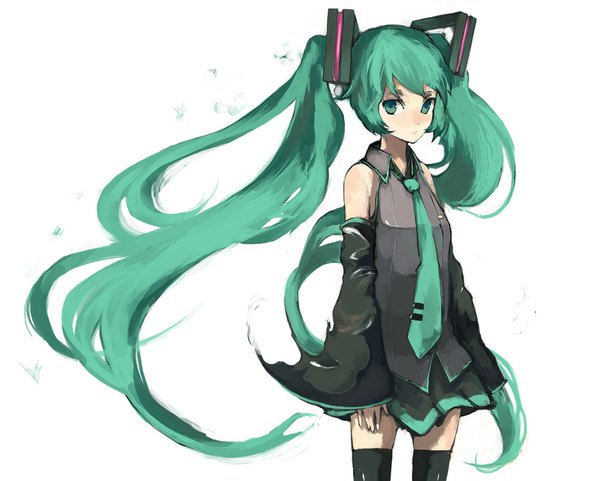 Anime picture 1140x915 with vocaloid hatsune miku kasa single long hair white background twintails aqua eyes wind aqua hair girl thighhighs skirt black thighhighs detached sleeves necktie