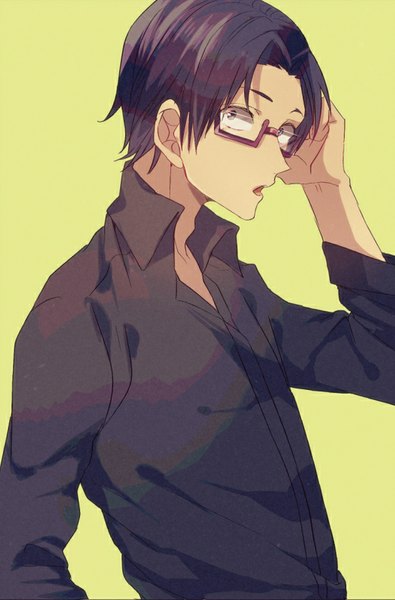 Anime picture 552x837 with yowamushi pedal sugimoto terufumi ailm single tall image looking at viewer short hair open mouth black hair simple background black eyes hand on head open collar green background bespectacled boy shirt glasses black shirt