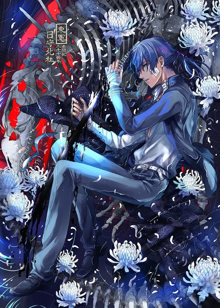 Anime picture 643x900 with original tamahagane gakuen touransai hikami hokuto isu mogu (artist) single long hair tall image blue eyes holding blue hair purple hair bent knee (knees) ponytail lying aqua eyes open clothes open jacket on side skeleton bandaid on face