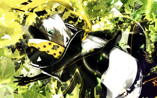Anime picture 1280x800 with vocaloid kagamine len umi-no-mizu short hair brown hair wide image green eyes looking away wallpaper spread arms boy gloves hood hoodie cap