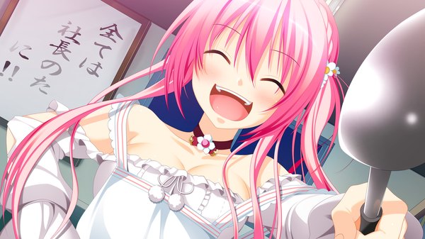Anime picture 2560x1440 with gensou no idea nanami naru makita maki single long hair blush highres open mouth wide image twintails pink hair game cg eyes closed laughing cooking girl dress choker apron