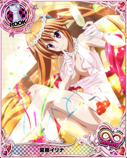 Anime picture 640x800 with highschool dxd shidou irina single tall image looking at viewer blush breasts light erotic smile twintails purple eyes very long hair pantyshot finger to mouth card (medium) girl gloves hair ornament underwear panties