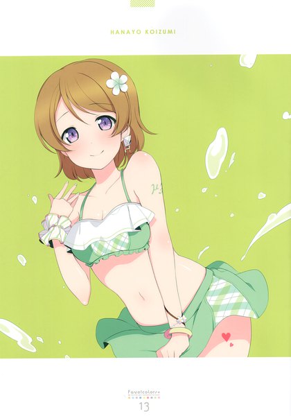 Anime picture 2389x3416 with love live! school idol project sunrise (studio) love live! koizumi hanayo 6u (eternal land) single tall image looking at viewer blush highres short hair smile brown hair purple eyes hair flower character names wrist scrunchie green background girl navel