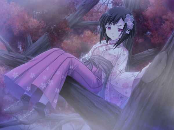 Anime picture 1024x768 with kitto, sumiwataru asairo yori mo (game) short hair black hair red eyes game cg girl