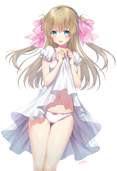 Anime picture 1140x1670 with original tokki single long hair tall image looking at viewer open mouth light erotic simple background blonde hair smile white background signed aqua eyes two side up thigh gap ass visible through thighs knees touching girl dress