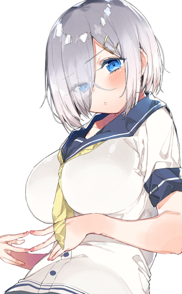 Anime picture 623x1000 with kantai collection hamakaze destroyer kayahara (kayaka) single tall image looking at viewer blush fringe short hair breasts blue eyes light erotic simple background large breasts white background silver hair upper body nail polish hair over one eye short sleeves