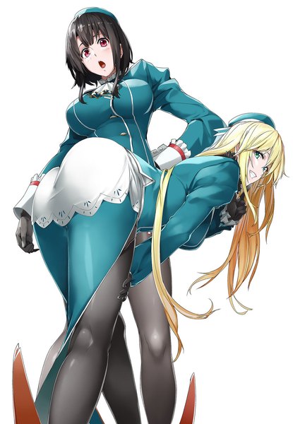 Anime picture 992x1433 with kantai collection atago heavy cruiser takao heavy cruiser ruuto (sorufu) long hair tall image looking at viewer short hair breasts open mouth light erotic black hair blonde hair smile red eyes multiple girls green eyes ass teeth bent over