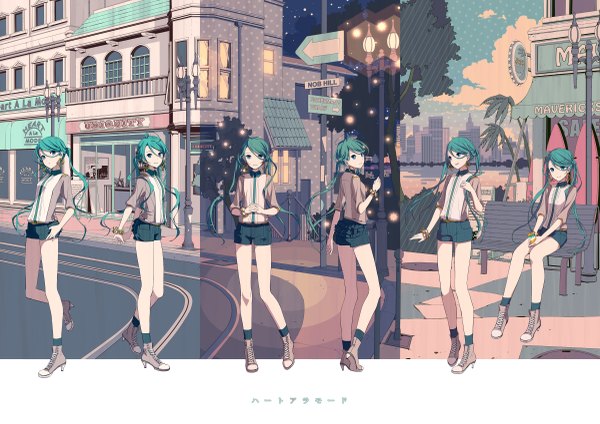 Anime picture 2400x1699 with vocaloid hatsune miku ixima long hair looking at viewer highres blue eyes smile twintails looking away cloud (clouds) ahoge aqua hair night sparkle high heels multiview casual street multiple persona