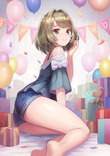 Anime picture 700x990 with idolmaster idolmaster cinderella girls takagaki kaede meto31 single tall image looking at viewer blush fringe short hair blue eyes light erotic smile brown hair sitting bare shoulders green eyes ass indoors looking back