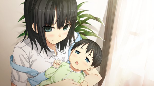 Anime picture 2560x1440 with monobeno alishima alice cura blush highres short hair blue eyes black hair wide image game cg light smile girl child (children)