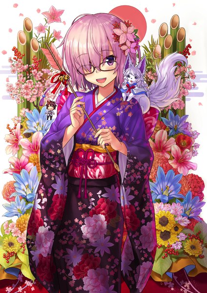 Anime picture 849x1200 with fate (series) fate/grand order mash kyrielight fou (fate) fujimaru ritsuka (male) npcpepper single tall image fringe short hair open mouth purple eyes pink hair traditional clothes :d japanese clothes hair over one eye alternate costume new year floral background