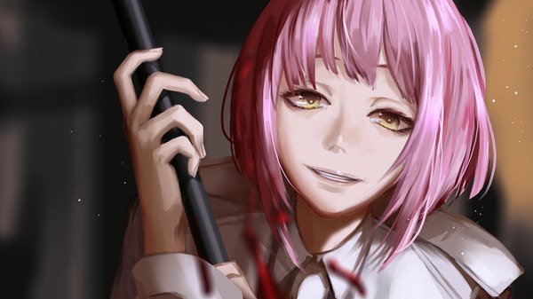 Anime picture 1280x720 with tokyo ghoul studio pierrot hairu ihei kahmurio single looking at viewer fringe short hair open mouth smile wide image yellow eyes pink hair clenched teeth girl blood hand