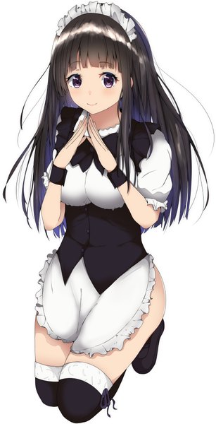 Anime picture 2040x3980 with hyouka kyoto animation chitanda eru ayase chisato (ay c1) single long hair tall image looking at viewer blush highres light erotic black hair simple background smile white background purple eyes maid girl thighhighs uniform