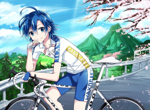 Anime picture 1200x880 with yowamushi pedal sangaku manami tm-pika single fringe short hair blue eyes smile hair between eyes blue hair sky cloud (clouds) ahoge leaning leaning forward cherry blossoms mountain hand on face boy gloves