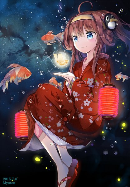 Anime picture 700x1007 with kantai collection kongou battleship failure penguin (kantai collection) myuton single long hair tall image fringe blue eyes brown hair signed looking away cloud (clouds) ahoge bent knee (knees) traditional clothes japanese clothes hair bun (hair buns) floral print dated