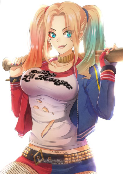 Anime picture 800x1132 with batman suicide squad dc comics harley queen ailejne single long hair tall image looking at viewer simple background blonde hair white background twintails nail polish parted lips multicolored hair aqua eyes inscription open jacket torn clothes