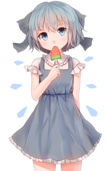 Anime picture 800x1280 with touhou cirno shone single tall image looking at viewer short hair blue eyes simple background white background blue hair girl dress bow hair bow wings food sweets ice cream blue dress