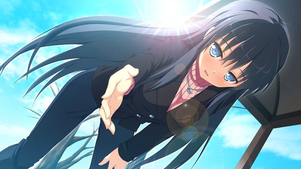 Anime picture 1280x720 with naka no hito nado inai hondou ayano nimura yuuji long hair blue eyes black hair wide image game cg girl pendant sweater