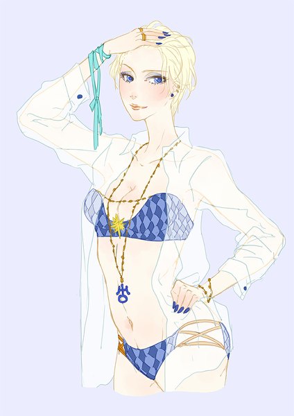 Anime picture 800x1131 with bishoujo senshi sailor moon toei animation tenou haruka soudwrong single tall image short hair blue eyes light erotic blonde hair nail polish open clothes open shirt underwear only girl navel underwear panties ribbon (ribbons) shirt