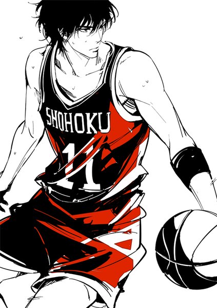 Anime picture 565x800 with slam dunk (series) rukawa kaede zmore single tall image fringe short hair black hair simple background standing white background looking away lips black eyes eyebrows muscle polychromatic high contrast playing sports boy