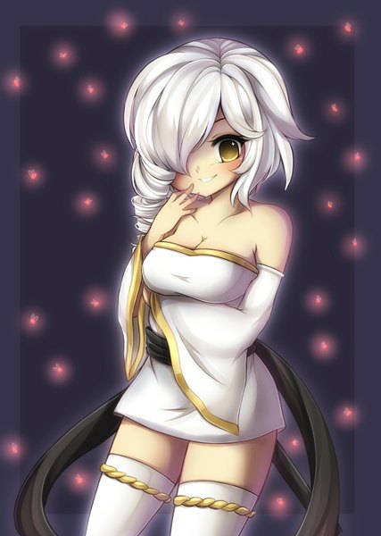 Anime picture 977x1374 with midna01 single long hair tall image looking at viewer blush fringe breasts smile bare shoulders yellow eyes white hair hair over one eye finger to mouth girl thighhighs detached sleeves white thighhighs clothes