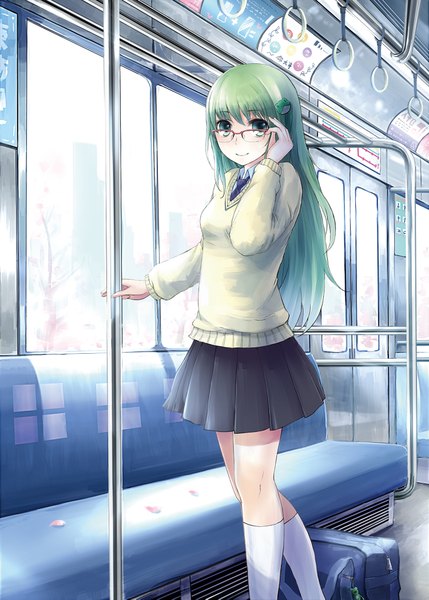 Anime picture 1500x2099 with touhou kochiya sanae minato (shouno) long hair tall image smile green eyes green hair girl skirt miniskirt petals socks glasses serafuku white socks train frog