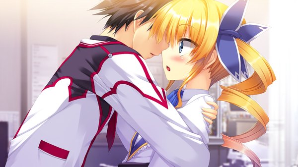 Anime picture 1280x720 with koiken otome eve elaine austin tateha (marvelous grace) long hair blush blue eyes black hair blonde hair wide image twintails game cg couple hug drill hair girl boy uniform school uniform