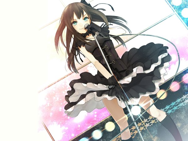 Anime picture 1068x801 with idolmaster idolmaster cinderella girls shibuya rin bunkyo takemi single long hair black hair green eyes black gothic dress (idolmaster) girl dress gloves choker microphone microphone stand