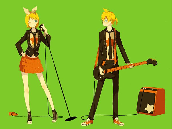 Anime picture 1024x768 with vocaloid kagamine rin kagamine len ku ko san short hair simple background blonde hair standing full body ponytail siblings twins green background star print girl boy ribbon (ribbons) necktie star (symbol) microphone