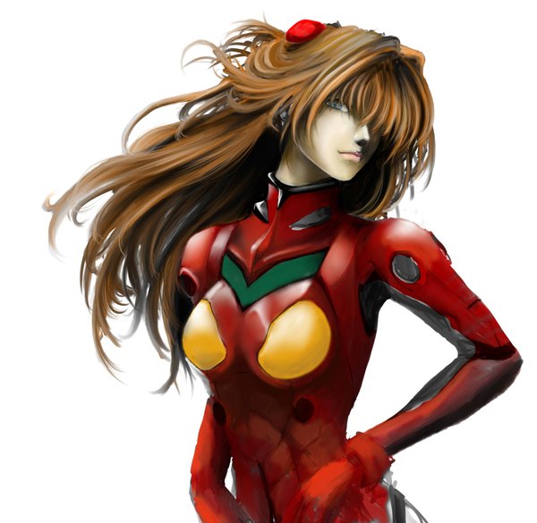 Anime picture 2048x2000 with neon genesis evangelion rebuild of evangelion gainax soryu asuka langley uramix (pixiv) single long hair fringe highres blue eyes simple background brown hair white background lips hair over one eye realistic girl pilot suit