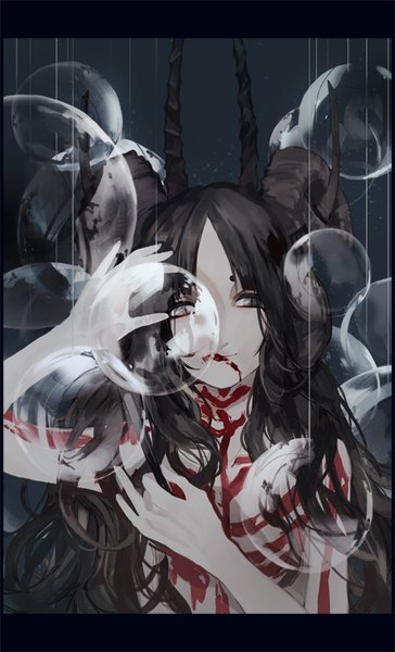Anime picture 500x823 with original ara sakai ts single long hair tall image looking at viewer fringe black hair smile horn (horns) lips animal eyes bodypaint girl bubble (bubbles)