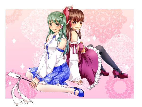 Anime picture 1600x1200 with touhou hakurei reimu kochiya sanae geike long hair smile brown hair multiple girls brown eyes green eyes green hair miko back to back girl skirt bow 2 girls hair bow detached sleeves skirt set