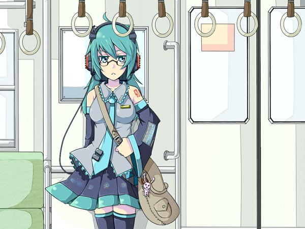 Anime picture 1024x768 with vocaloid hatsune miku single long hair bare shoulders aqua eyes aqua hair girl skirt detached sleeves glasses necktie headphones bag wire (wires)