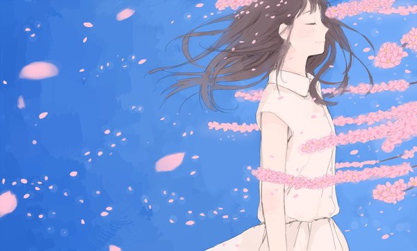 Anime picture 3000x1812 with original hinao (flowerrabbit2348) single long hair highres brown hair wide image standing sky eyes closed profile light smile wind cherry blossoms girl dress plant (plants) petals tree (trees) white dress