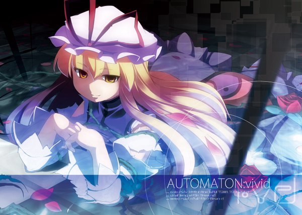 Anime picture 1400x1000 with touhou yakumo yukari asakura masatoki single long hair blonde hair smile yellow eyes looking away light smile from above shaded face girl hat petals bonnet