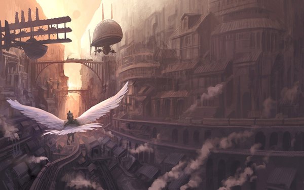 Anime picture 1920x1200 with tagme (artist) highres wide image city smoke cityscape flying science fiction steam punk animal bird (birds) building (buildings) aircraft airplane dirigible biplane
