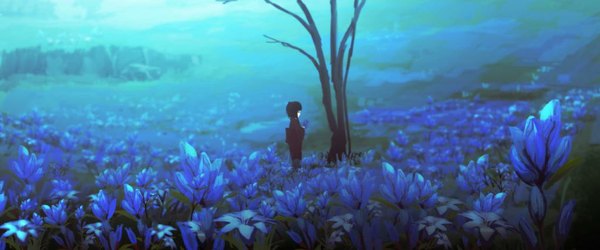 Anime picture 1022x426 with original rias-coast single fringe short hair black hair wide image standing bare tree field girl flower (flowers) plant (plants) tree (trees) obi