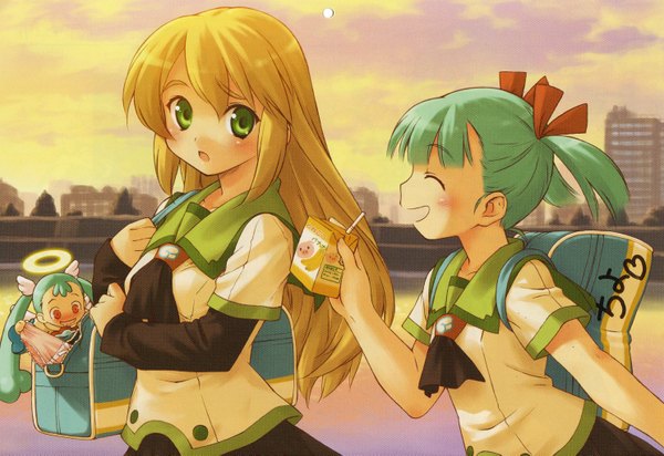 Anime picture 2975x2045 with doki doki majo shinpan lulu (doki doki majo shinpan) long hair blush fringe highres short hair open mouth blonde hair smile red eyes twintails multiple girls holding green eyes payot sky cloud (clouds) blunt bangs eyes closed