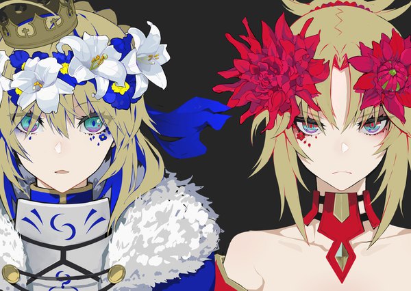 Anime picture 1500x1067 with fate (series) fate/grand order artoria pendragon (all) saber mordred (fate) lam (ramdayo) looking at viewer fringe short hair open mouth simple background blonde hair hair between eyes multiple girls ahoge hair flower aqua eyes fur trim black background face