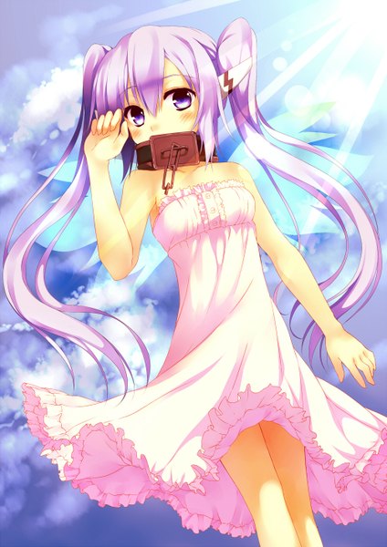 Anime picture 1000x1414 with sora no otoshimono nymph (sora no otoshimono) jebura single long hair tall image looking at viewer blush blue eyes twintails blue hair loli girl dress wings collar sundress