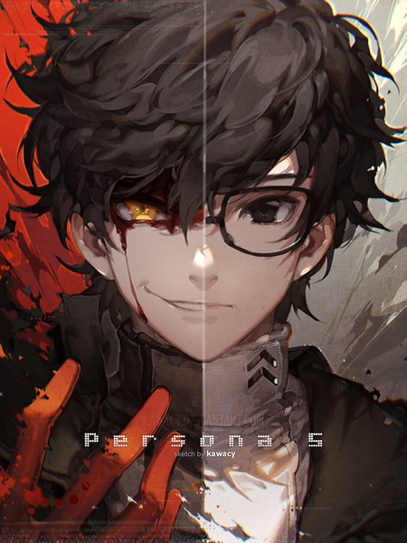 Anime picture 675x900 with persona 5 persona amamiya ren kawacy single tall image looking at viewer short hair black hair smile signed yellow eyes black eyes teeth copyright name portrait messy hair smirk crazy smile boy