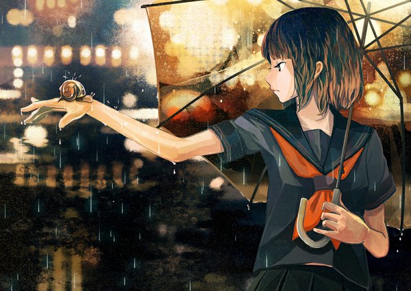 Anime picture 800x567 with original gemi single fringe short hair brown hair holding looking away outdoors profile pleated skirt night wet outstretched arm rain girl skirt uniform serafuku water drop