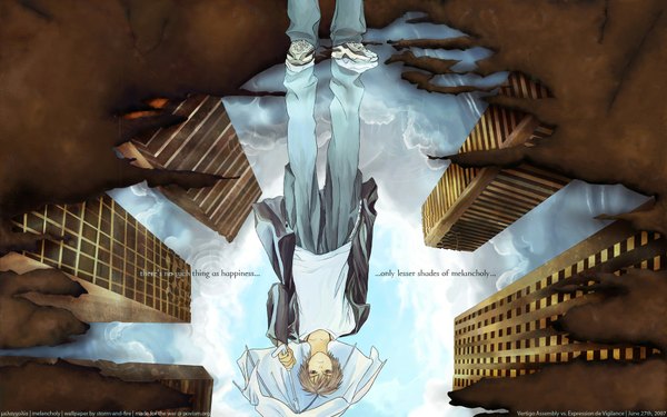 Anime picture 1920x1200 with original storm-and-fire (artist) highres wide image reflection boy building (buildings) umbrella jeans skyscraper puddle