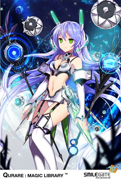 Anime picture 640x952 with qurare: magic library empew single tall image light erotic smile green eyes purple hair white hair multicolored hair two-tone hair midriff gradient hair mecha musume girl thighhighs navel white thighhighs staff brooch