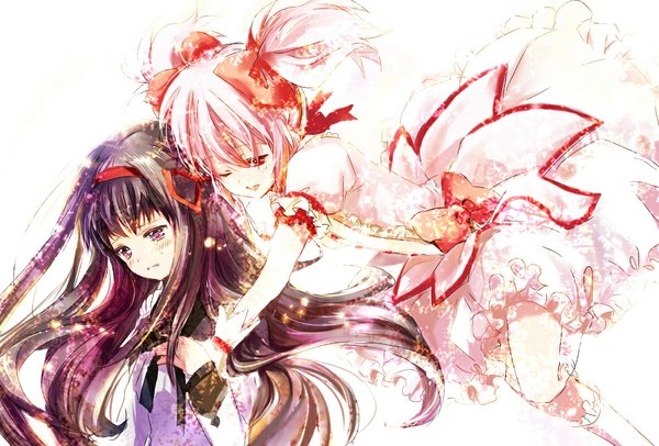 Anime picture 1181x800 with mahou shoujo madoka magica shaft (studio) akemi homura kaname madoka tagme (artist) long hair short hair black hair red eyes purple eyes multiple girls pink hair one eye closed wink girl dress gloves 2 girls hairband