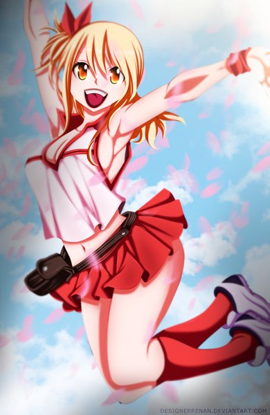 Anime picture 1005x1545 with fairy tail lucy heartfilia designerrenan single long hair tall image blonde hair yellow eyes sky cloud (clouds) ponytail pleated skirt armpit (armpits) tattoo coloring side ponytail spread arms flying girl skirt